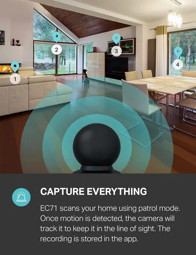 Explains how the security camera's patrol mode works by scanning the home and tracking motion across multiple zones, reassuring shoppers about comprehensive home monitoring coverage.