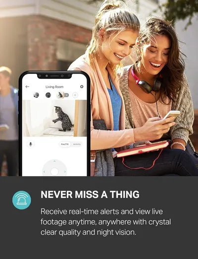 Communicates the product's ability to send instant alerts and provide live video access from anywhere, reassuring shoppers they can stay connected to their home at all times.