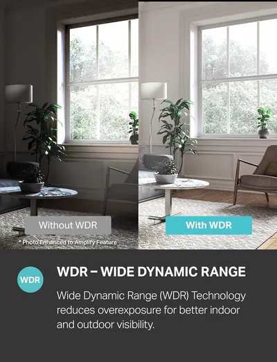 Demonstrates the visual improvement provided by Wide Dynamic Range (WDR) technology, showing how it reduces overexposure and enhances visibility in both bright and dark areas of indoor and outdoor…
