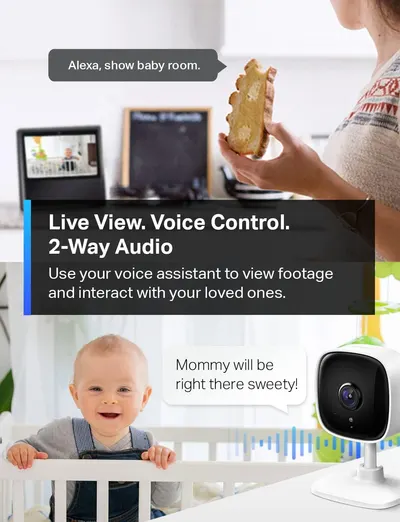 Communicates multiple key features of the baby monitor—live video viewing, voice assistant integration, and two-way audio communication—to show parents how they can stay connected with their baby…