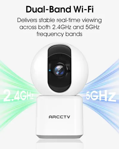 Communicates that the security camera supports both 2.4GHz and 5GHz Wi-Fi bands for stable, real-time video streaming, reassuring shoppers of reliable connectivity and performance.