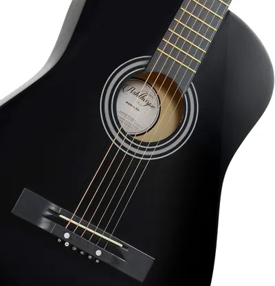Provides a clear, professional catalog-style view of the black acoustic guitar on a white background, allowing shoppers to see the product's appearance and design details without distractions.