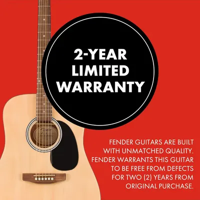 Reassures shoppers that the Fender guitar is backed by a 2-year warranty, emphasizing quality and defect-free guarantee to build trust and confidence in the purchase.