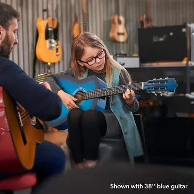 Demonstrates the physical size of the guitar (38 inches) in a real-world context with a child user, helping shoppers understand the scale and suitability for younger or beginner players.