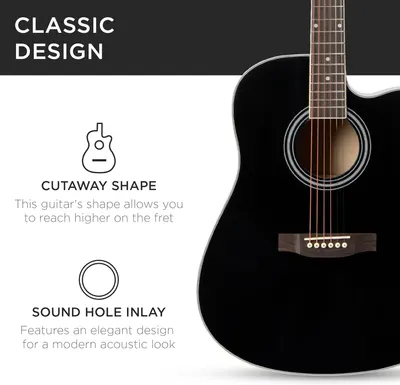 Highlights two specific design features of the guitar—the cutaway shape for better fret access and the elegant sound hole inlay—to communicate both functional and aesthetic benefits to shoppers.