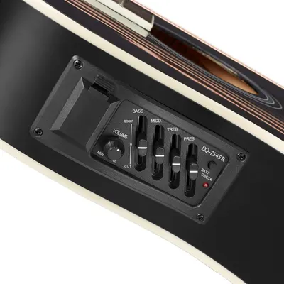 This image breaks down the guitar's built-in preamp system by labeling each physical control component, helping shoppers understand the sound customization features and functionality of the…