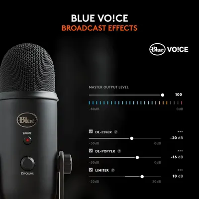 Demonstrates the product's broadcast effects software capabilities, showing the professional audio controls (de-esser, de-popper, limiter) available to users for enhanced sound quality.