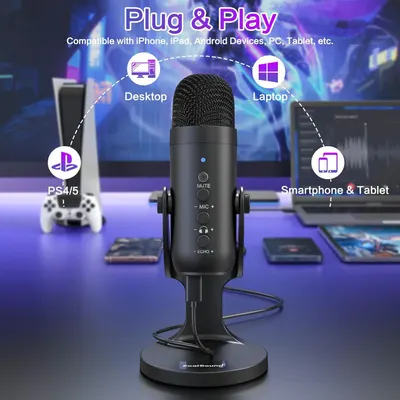 Demonstrates the microphone's versatility by showing it works with multiple device types including gaming consoles, computers, and mobile devices, reassuring shoppers of broad compatibility.