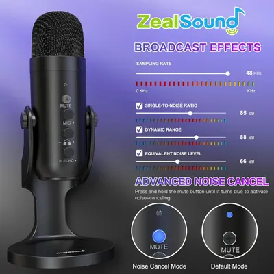Communicates multiple technical specifications and features of the microphone, including broadcast-quality audio metrics and advanced noise cancellation functionality, to reassure shoppers of…