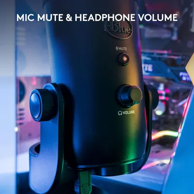 Highlights the physical control features of the microphone, showing shoppers where the mute and volume controls are located and how to access them for easy operation during use.