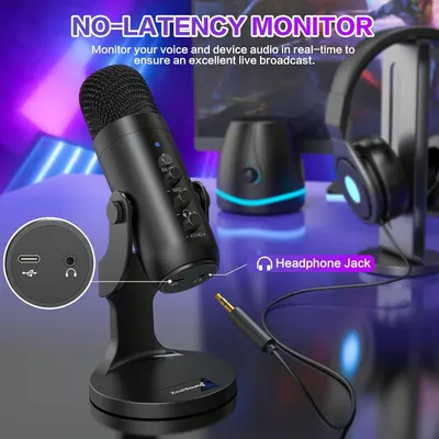 Highlights the microphone's no-latency monitoring feature with headphone jack, reassuring streamers and broadcasters that they can monitor their voice and device audio in real-time for excellent…
