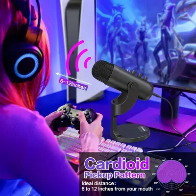 Communicates the microphone's cardioid pickup pattern and ideal usage distance (6-12 inches) to help gamers and streamers achieve optimal audio quality.