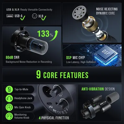 Showcases nine distinct technical features and benefits of the microphone in a visually segmented grid layout to demonstrate comprehensive professional-grade capabilities for recording.