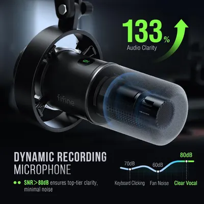 Communicates the microphone's superior audio performance with a bold 133% audio clarity improvement stat and 80dB signal-to-noise ratio to reassure shoppers of professional-grade recording quality.…