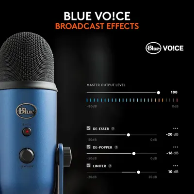 Demonstrates the product's broadcast effects software capabilities, showing the professional audio controls (de-esser, de-popper, limiter) available to users for enhanced recording quality.