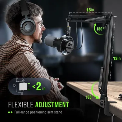Communicates the physical dimensions and adjustment range of the microphone arm stand to help shoppers understand its reach, flexibility, and desk compatibility. Highlights the full-range…