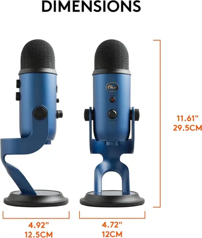 Communicates the exact physical size of the microphone from multiple angles with height, width, and depth measurements to help shoppers understand how much space it will occupy.