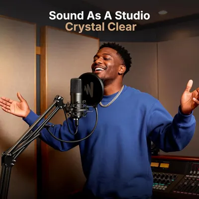 Communicates that the microphone delivers professional studio-quality audio clarity, reassuring shoppers that they can achieve high-end recording results.