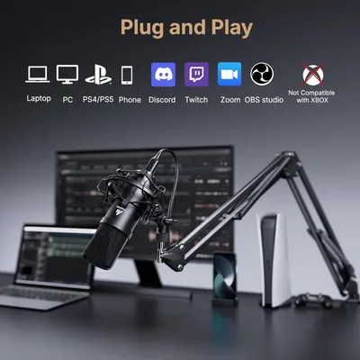 Demonstrates the microphone's versatility by showing it works across multiple devices and platforms (laptop, PC, PS4/PS5, phone, Discord, Twitch, Zoom, OBS studio) while clarifying it's not…
