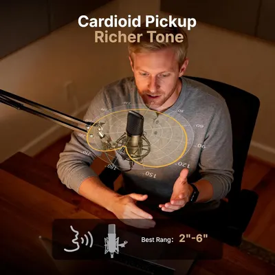 Explains the microphone's cardioid pickup pattern and optimal recording distance (2-6 inches) to help shoppers understand how the microphone captures sound and how to position themselves for best…
