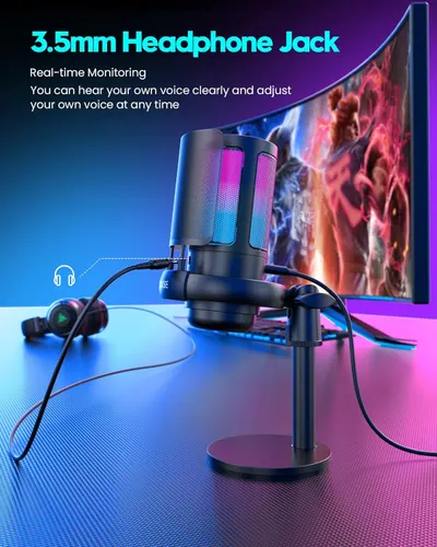 Highlights the microphone's 3.5mm headphone jack feature that enables real-time voice monitoring, reassuring streamers and content creators they can hear and adjust their voice clearly during…