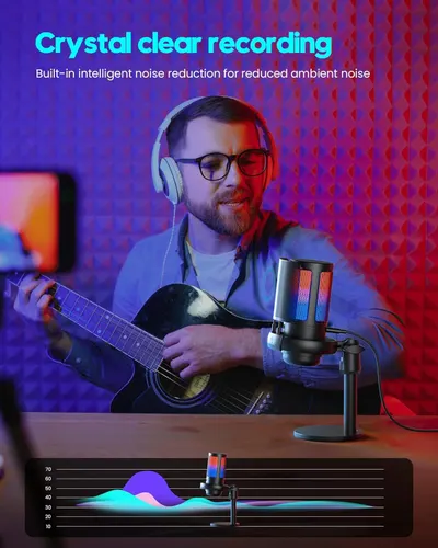 Communicates the microphone's crystal clear recording capability with built-in intelligent noise reduction technology, reassuring shoppers of superior audio quality for content creation.