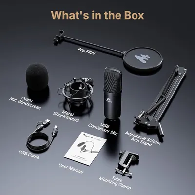 Shows all the components included in the purchase to help shoppers understand the complete value of the bundle, including the USB condenser mic, pop filter, shock mount, scissor arm stand,…