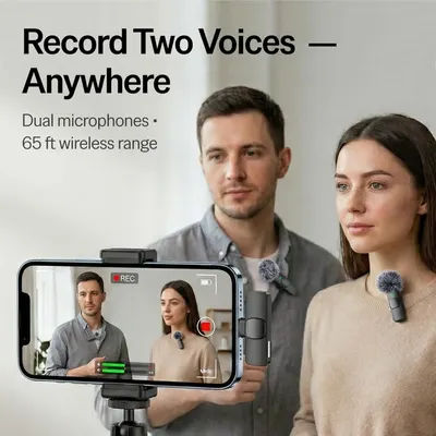 Demonstrates the product's ability to record two people simultaneously using dual wireless microphones, showing the practical application for interviews, podcasts, or content creation. Highlights…