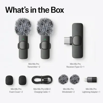 Shows all items included in the package to help shoppers understand the full value of what they're purchasing, including transmitters, receiver, accessories, and adapters.