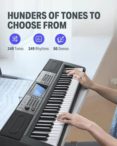 Communicates the extensive sound library available with the keyboard, highlighting the variety of tones, rhythms, and demos to reassure shoppers of the product's versatility and value. Emphasizes…