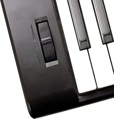 Highlights the sustain pedal component of the keyboard to show shoppers the product includes this essential piano-style control feature.