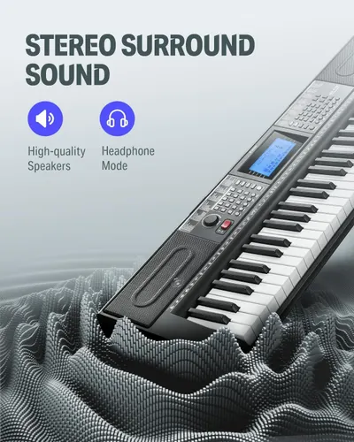 Highlights the keyboard's audio capabilities, emphasizing stereo surround sound quality through both built-in speakers and headphone mode to appeal to musicians seeking superior sound output.