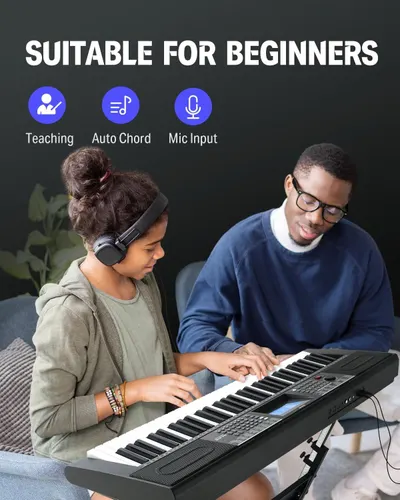 Communicates that the keyboard is beginner-friendly by highlighting three distinct features that make learning easier: teaching mode, auto chord assistance, and microphone input capability.