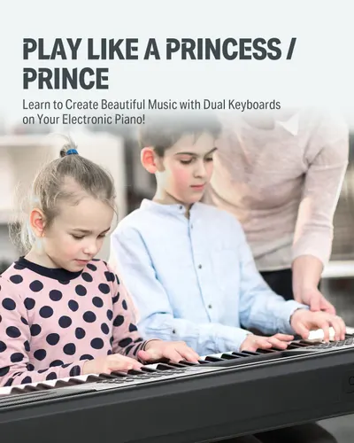 Highlights the dual keyboard feature of the electronic piano, emphasizing its ability to enable collaborative learning and music creation for multiple users simultaneously.