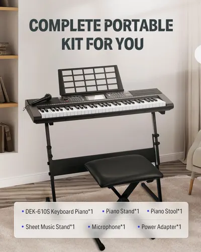 Shows everything included in the purchase—keyboard piano, stand, stool, sheet music stand, microphone, and power adapter—to communicate the complete value and convenience of the bundle.