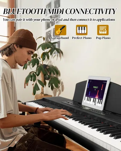 Demonstrates the product's ability to connect with multiple music learning and creation applications (Garageband, Perfect Piano, Pop Piano) via Bluetooth MIDI, showing versatility and compatibility…