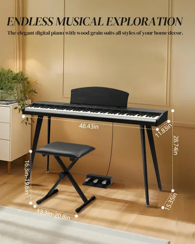 Provides exact measurements of the digital piano and bench to help shoppers understand the physical footprint and ensure it fits their space. Shows the digital piano styled in an elegant home…