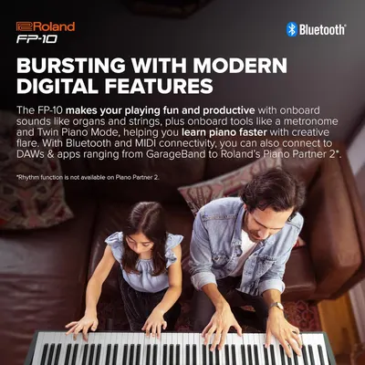 Communicates multiple key benefits of the Roland FP-10 piano including digital features, onboard sounds, learning capabilities, and connectivity options to demonstrate the product's versatility and…