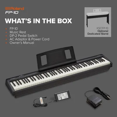 Shows the customer everything included with the Roland FP-10 digital piano purchase, including the keyboard, music rest, pedal switch, AC adaptor, power cord, and owner's manual, with optional stand…