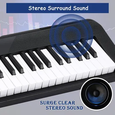 Highlights the keyboard's stereo surround sound capability to communicate superior audio quality and immersive sound experience to potential buyers.