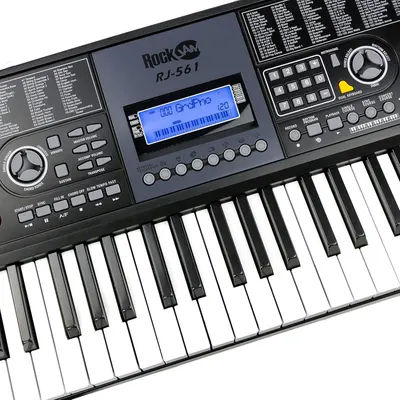 This image showcases the detailed control panel and interface of the keyboard, highlighting the various buttons, knobs, display screen, and keys to help shoppers understand the product's…
