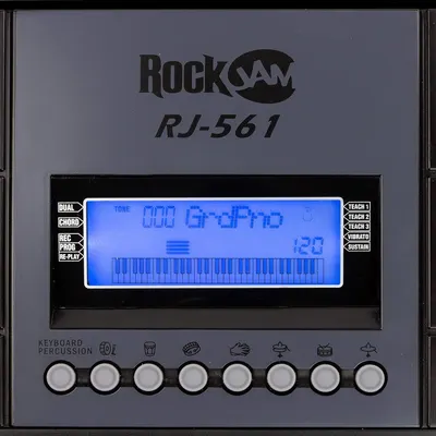Shows the digital interface and control panel of the RockJam RJ-561 keyboard to help shoppers understand the product's display features and functionality.