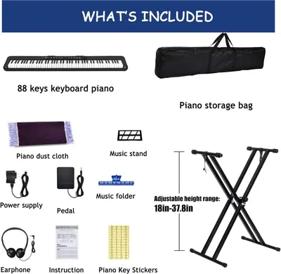 Shows all items included with the keyboard purchase to communicate value and completeness of the package, including the piano, storage bag, stand, accessories, and learning tools.