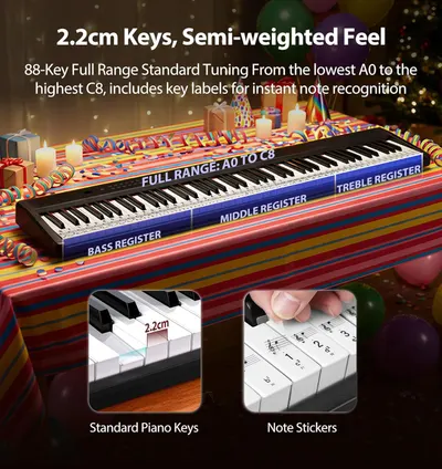 Communicates multiple technical features of the keyboard including key size, feel, range, and learning aids to help shoppers understand the product's specifications and beginner-friendly design.