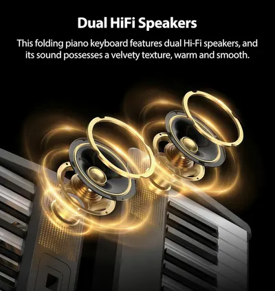 This image breaks down the internal speaker anatomy of the folding piano keyboard to showcase the dual HiFi speaker system and its layered components, emphasizing the premium audio quality and…