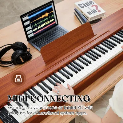 Communicates that the piano can connect to phones, tablets, or PCs via MIDI-USB for use with educational music apps, reassuring shoppers about digital integration and learning capabilities.