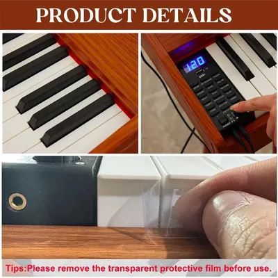 Highlights the physical components and details of the digital piano, including the keys, control panel with digital display, and protective film that needs to be removed before use.