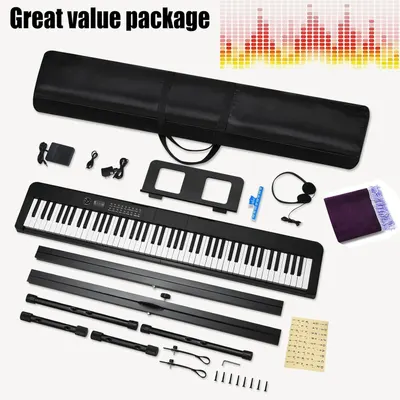 Shows all the items included with the keyboard purchase to demonstrate the comprehensive value and completeness of the package, including the keyboard, carrying case, stand, headphones, cables,…
