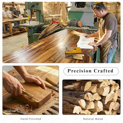 Communicates the artisanal quality and craftsmanship of the product by showcasing the workshop environment, hand-finishing process, and natural wood materials used in production.