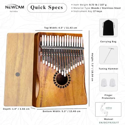 Provides detailed physical measurements (width, height, depth, weight) with visual dimension arrows to help shoppers understand the exact size of the kalimba instrument. Shows all items included…